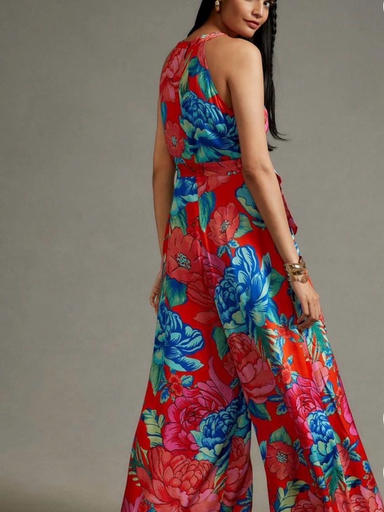 FARM Rio Pants - FARM Rio Red Floral Wide-Leg Jumpsuit with Blue & Pink Blooms